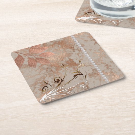 Rose Gold, Weiße Perlen, Blütenviertel Rechteckiger Pappuntersetzer (angewinkelt)