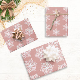 Rose Gold & Weiße Schneeflocken Muster Weihnachten Geschenkpapier Set
