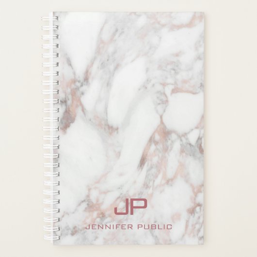 Rose Gold Weißer Marmor Elegant Modernes Monogramm Planer (Vorderseite)