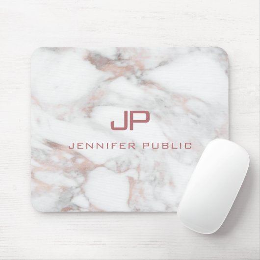 Rose Gold Weißer Marmor Elegante Monogramm Vorlage Mousepad (Mit Mouse)