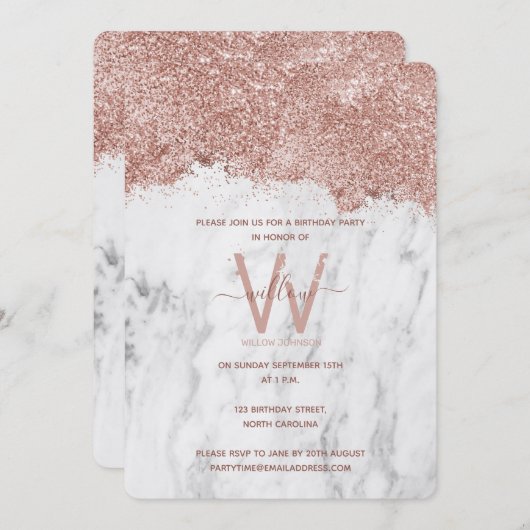 Rose Gold Weißer Marmor Glitzer jedes Jahr Geburts Einladung (Vorne/Hinten)