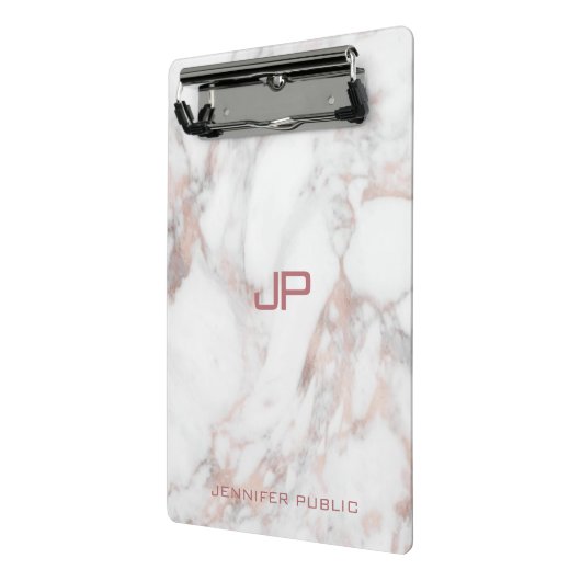 Rose Gold Weißer Marmor Modernes Monogramm Elegant Mini Klemmbrett (Gewinkelt2)