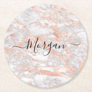 Rose Gold & Weißer Marmor, schwarzer Schriftname Runder Pappuntersetzer