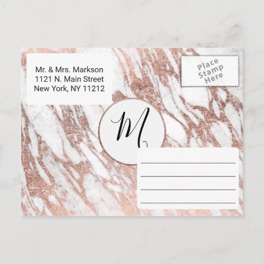 Rose Gold Weißer, moderner Marmor Save the Date Ankündigungspostkarte (Rückseite)