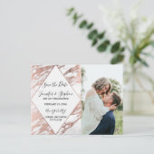 Rose Gold Weißer, moderner Marmor Save the Date Ankündigungspostkarte (Stehend Vorderseite)