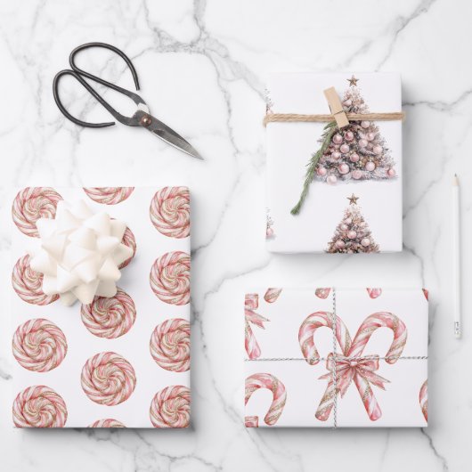 Rose Gold Weißer Pfefferminz Weihnachten Geschenkpapier Set (Vorderseite)