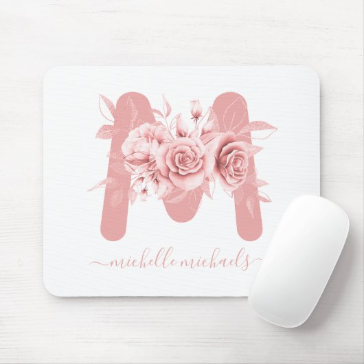 Rose Gold Weißes Blumenwasser Monogramm Mousepad (Mit Mouse)