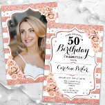 Rose Gold Weißes Foto 50. Geburtstag Einladung<br><div class="desc">Elegante, florale, weibliche 50. Geburtstagseinladung mit Ihrem Foto auf der Kartenrückseite. Glam weiß, rot rosa Design mit Imitaten Glitzer Rose Gold. Enthält Streifen, Rose, Skript-Schriftart und Konfetti. Ideal für ein stilvolles Party für Erwachsene. Personalisieren Sie Ihre persönlichen Daten. Kann für jedes Alter angepasst werden! Gedruckte Zazzle Einladungen oder Sofortdownload digitalen...</div>