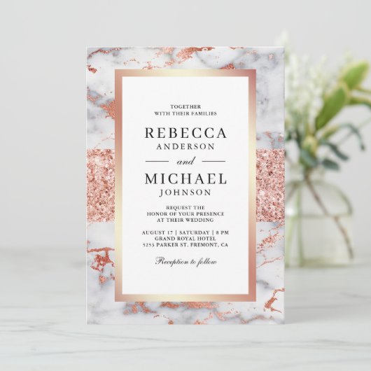 Rose Gold Weißmarmor Alles in einem QR-Code Hochze Einladung (Stehend Vorderseite)