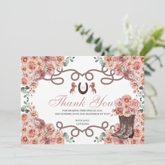 Rose Gold Western Pferde Quinceanera Danke Karte (Stehend Vorderseite)