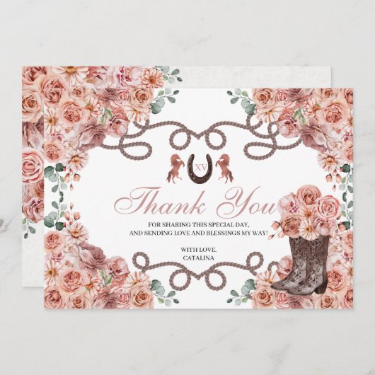 Rose Gold Western Pferde Quinceanera Danke Karte (Vorne/Hinten)