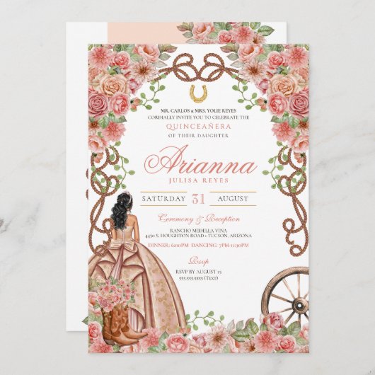 Rose Gold Western Ranch Charra Quinceañera Einladung (Vorne/Hinten)