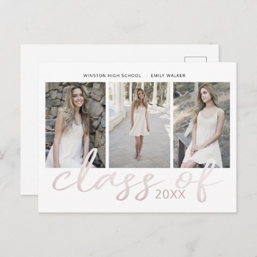 Rose Gold Whimsical Script Foto Abschluss Announ Ankündigungspostkarte (Vorne/Hinten)