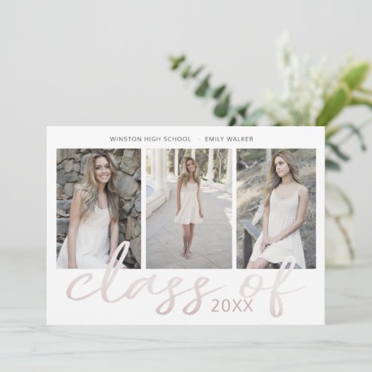 Rose Gold Whimsical Script Foto Abschluss Card Save The Date (Stehend Vorderseite)