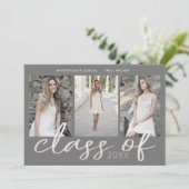 Rose Gold Whimsical Script Foto Abschluss Card Save The Date (Stehend Vorderseite)
