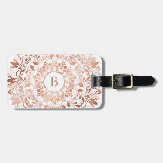 Rose Gold White Floral Mandala Monogram Gepäckanhänger (Vorderseite horizontal)