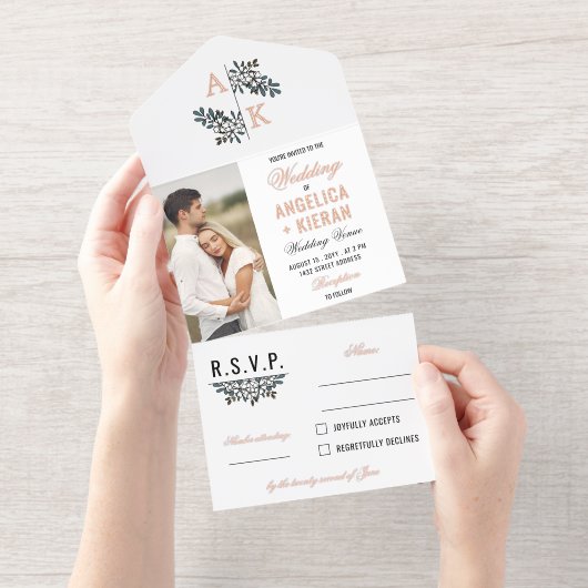 Rose Gold White Floral Monogram Photos Wedding All-in-One-Einladung (Abreißstreifen)