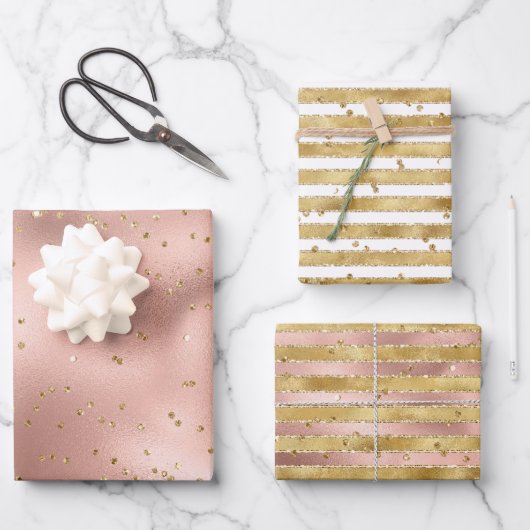 Rose Gold White Glam Glitz Streifen Geschenkpapier Set (Vorderseite)