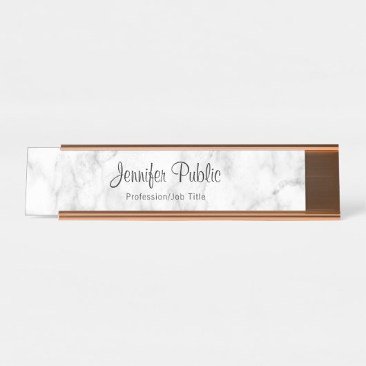 Rose Gold White Marble Elegante Skriptvorlage Schreibtischnamensplakette (Vorderseite )