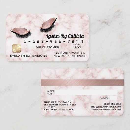 Rose Gold White Marble Glitzer Lashes Credit Visitenkarte (Vorne/Hinten)
