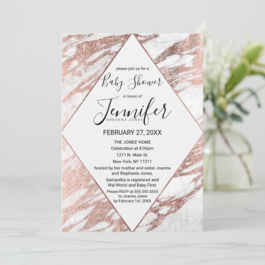 Rose Gold White Modern Marble Baby Dusche Einladung (Stehend Vorderseite)