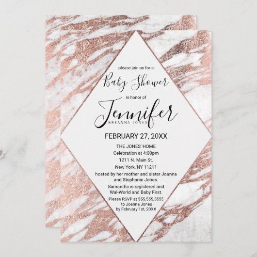 Rose Gold White Modern Marble Baby Dusche Einladung (Vorne/Hinten)