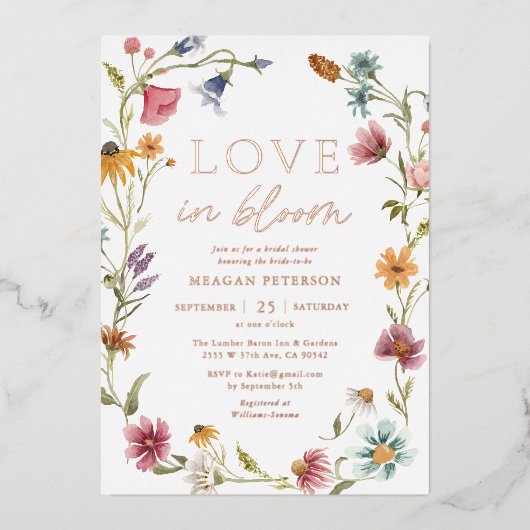 Rose Gold Wildblume Liebe in Bloom Brautparty Folieneinladung (Vorderseite)