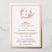 Rose Gold Wildblume Wappen Monogram Wedding Real Folieneinladung (Vorderseite)