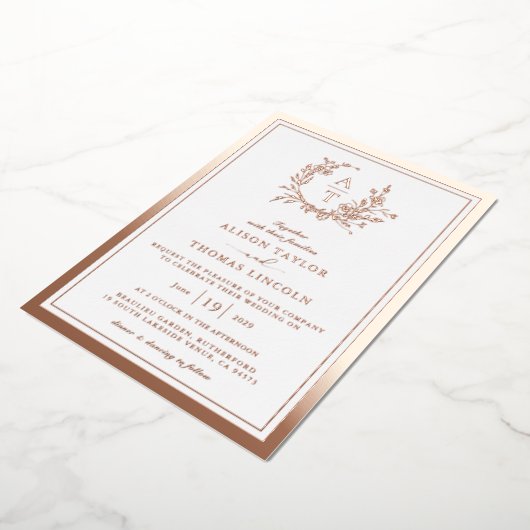 Rose Gold Wildblume Wappen Monogram Wedding Real Folieneinladung (Gedreht)