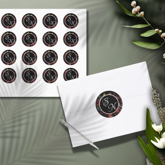 Rose Gold Wildblumen Bouquet Monogram Aufkleber