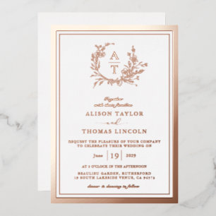 Rose Gold Wildflower-Wappen Monogramm Hochzeit Ech Folieneinladung