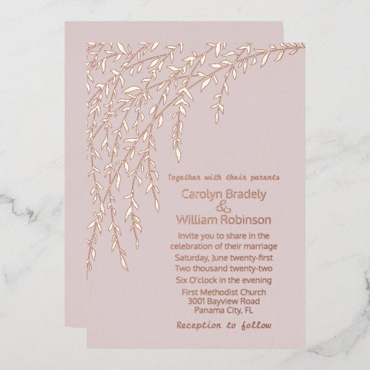 Rose Gold Willows Blush Wedding Foil Einladung (Vorderseite/Rückseite)