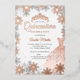 Rose Gold Winter Snowflake Quinceanera Folieneinladung