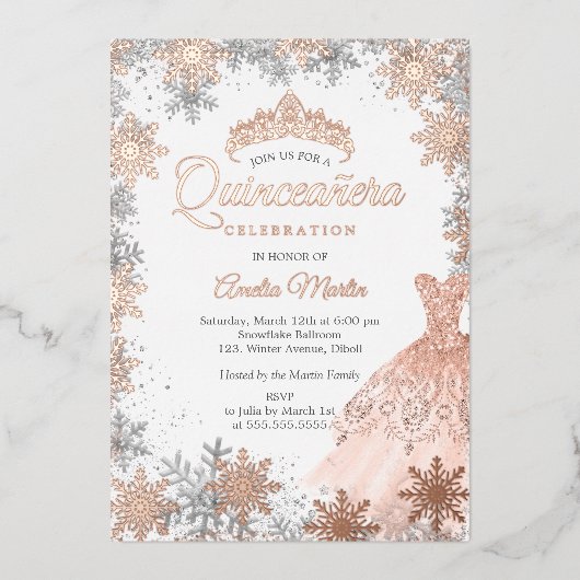 Rose Gold Winter Snowflake Quinceanera Folieneinladung (Vorderseite)