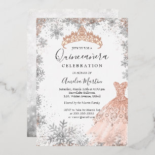 Rose Gold Winter Snowflake Silber Quinceanera Folieneinladung
