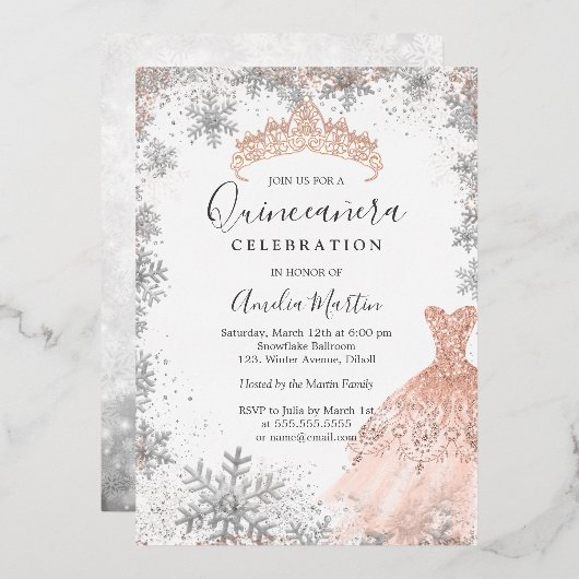 Rose Gold Winter Snowflake Silber Quinceanera Folieneinladung (Vorderseite/Rückseite)