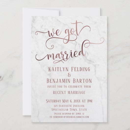 Rose Gold "Wir Got Verheiratet" Typografie mit Mar Einladung (Vorderseite)