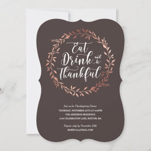 Rose Gold Wreath Erntedank Abendessen Einladung (Vorderseite)