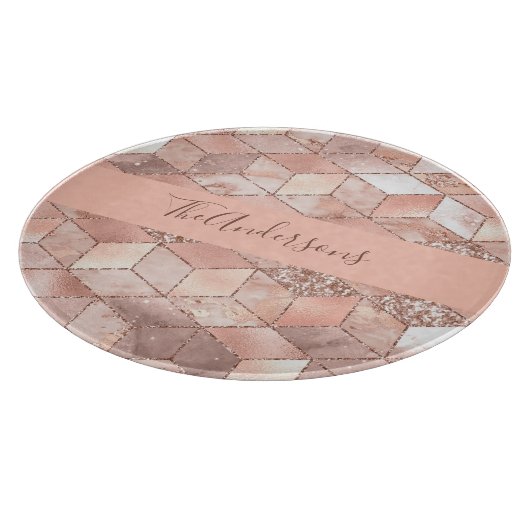 Rose Gold Würfel Marmor Familienname Skript Schneidebrett (Ecke)
