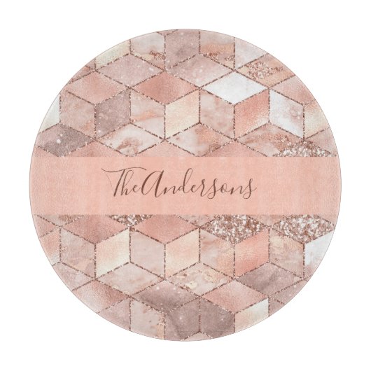 Rose Gold Würfel Marmor Familienname Skript Schneidebrett (Vorderseite)