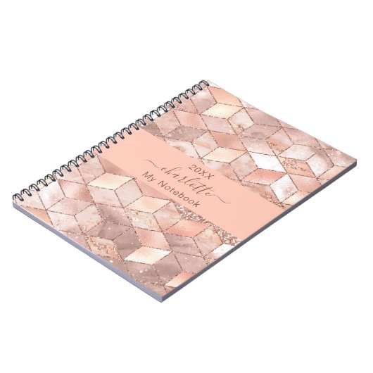 Rose Gold Würfel Marmorname Glitzer Skript Notizblock (Linke Seite)