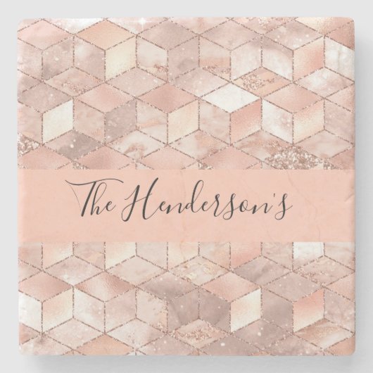 Rose Gold Würfel Muster Familienname Drehbuch mode Steinuntersetzer (Vorderseite)