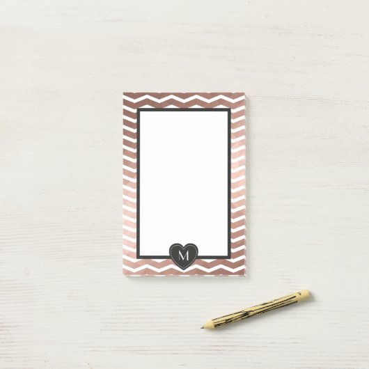 Rose Gold zack schwarzer Monogramm Herzrahmen Post-it Klebezettel (Auf Schreibtisch)