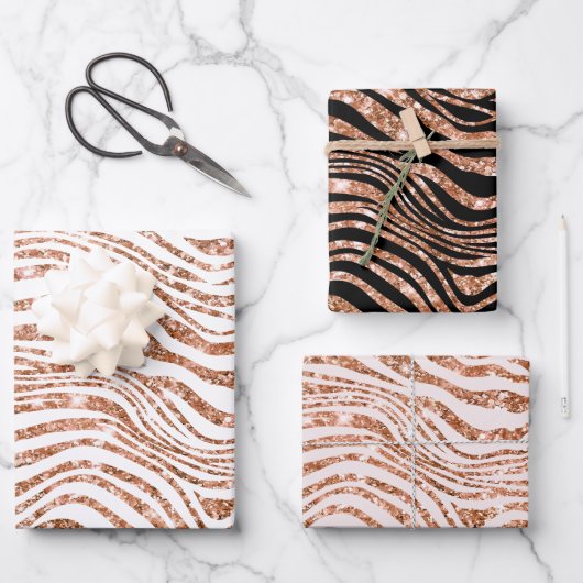 Rose Gold Zebra Glitzer Geschenkpapier Set (Vorderseite)