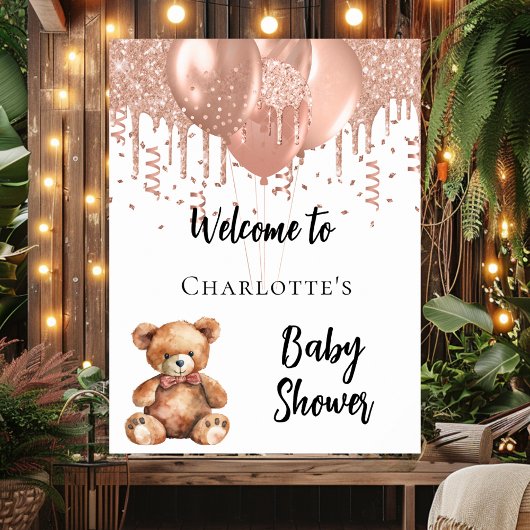 Rose Goldballons Teddy Bär Babydusche Empfang Poster