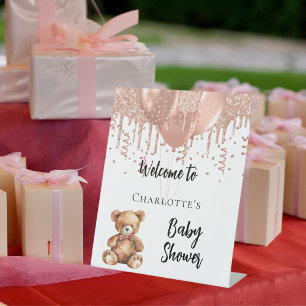 Rose Goldballons Teddy Bär Babydusche Empfang Sockelschild