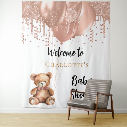 Rose Goldballons Teddy Bär Babydusche Empfang Wandteppich (Beispiel)