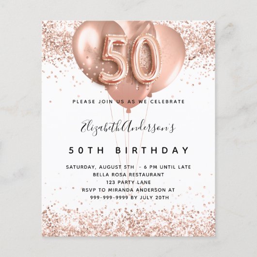Rose Goldballons zum 50. Geburtstag Einladung Flyer (Vorne)