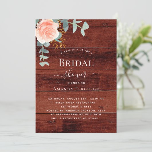 Rose Goldbarren rustikales braunes Brautparty Einladung (Stehend Vorderseite)