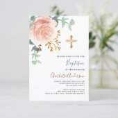 Rose Goldbarsch Rosa Grüne Goldkreuztaufe Einladung (Stehend Vorderseite)